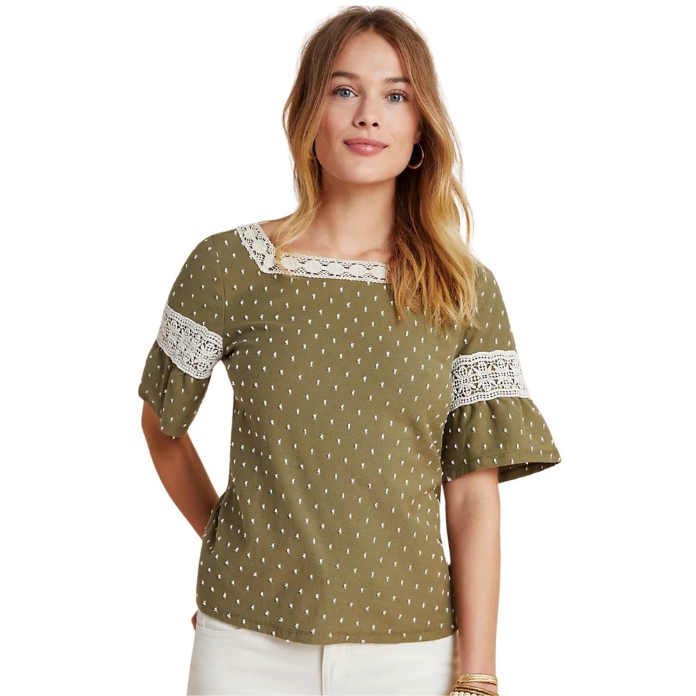 Anthropologie Maeve Top XS Green Venezia Clip Dot Lace Bell Sleeve Boho‎ Cotton